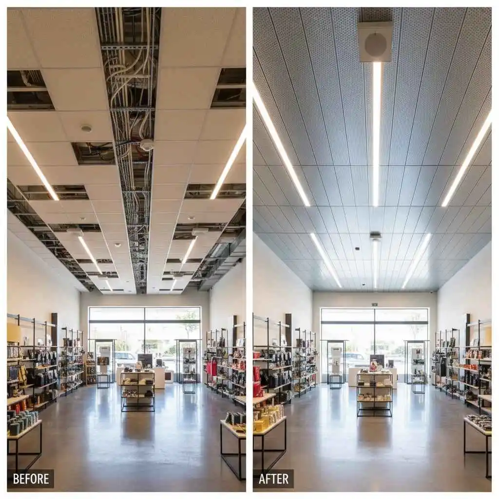 Before-and-after metal ceiling installation in a retail space.