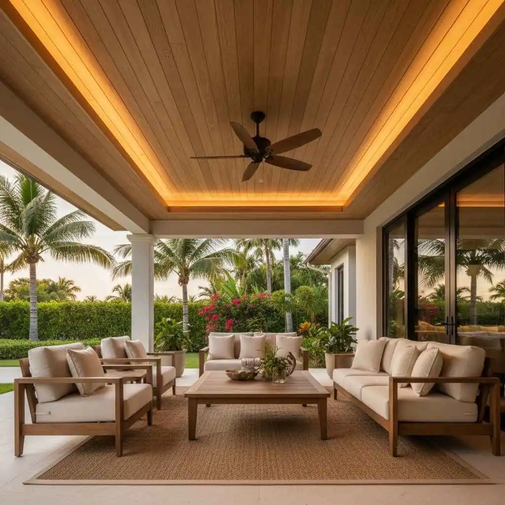Covered patio with wood ceiling